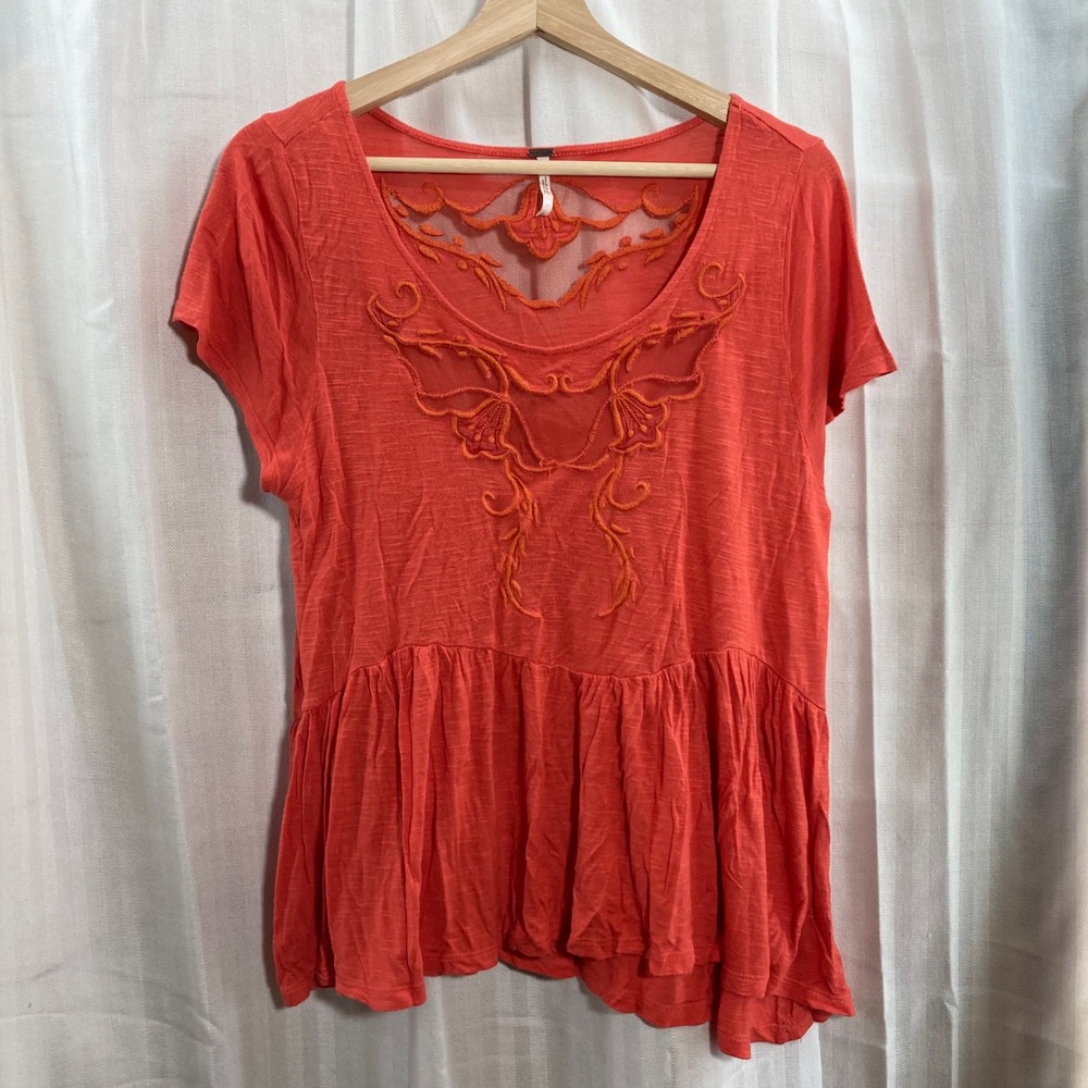 Free‎ People Coral Embroidered Peplum Top Short Sleeve Sheer Back Detail *Read*